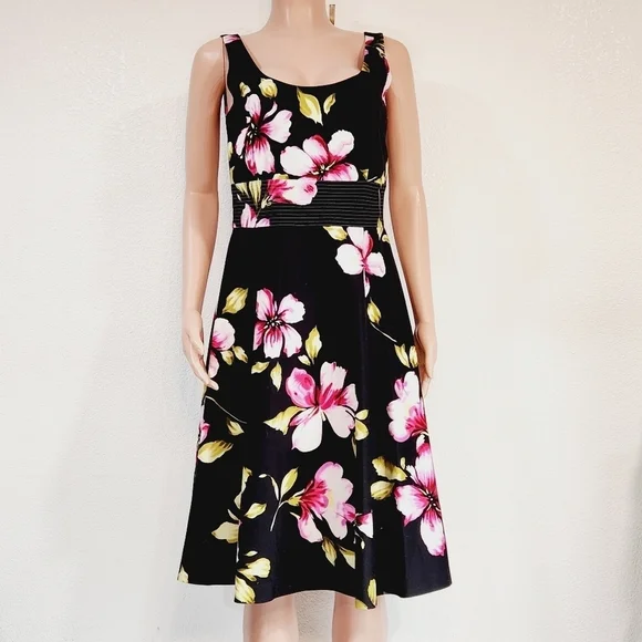 Donna Ricco Black Tropical Floral Hibiscus Print Sleeveless Sundress - Picture 1 of 11